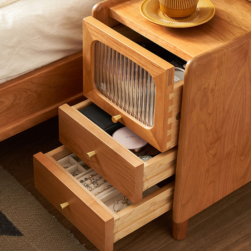 Cherry Wood Color Solid wood + 3 drawers Nightstand