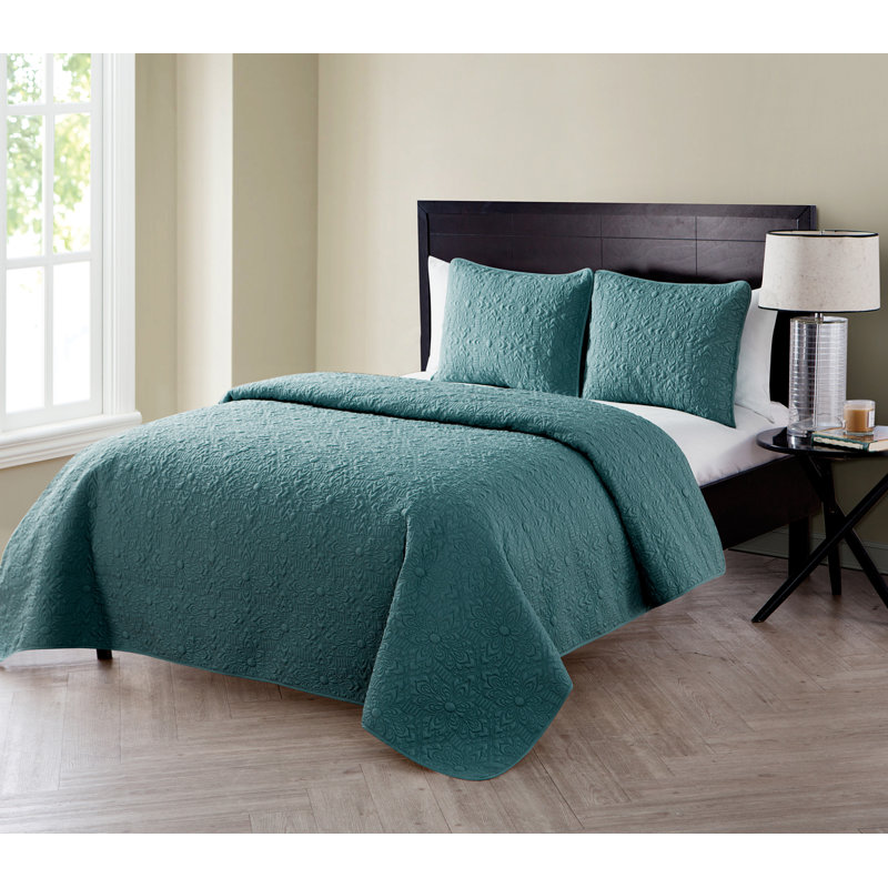 Caroline Embossed Floral Quilt Set, Blue Sage, King Quilt + 2 King Shams