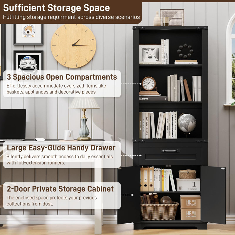 Bookshelf With Storage Cabinet & Adjustable Shelves, Black
