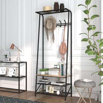 Portemanteau d'angle avec banc à chaussures en bois - Portemanteau d'entrée de 71 pouces avec 10 crochets et tablettes de rangement pour vestibule ou entrée