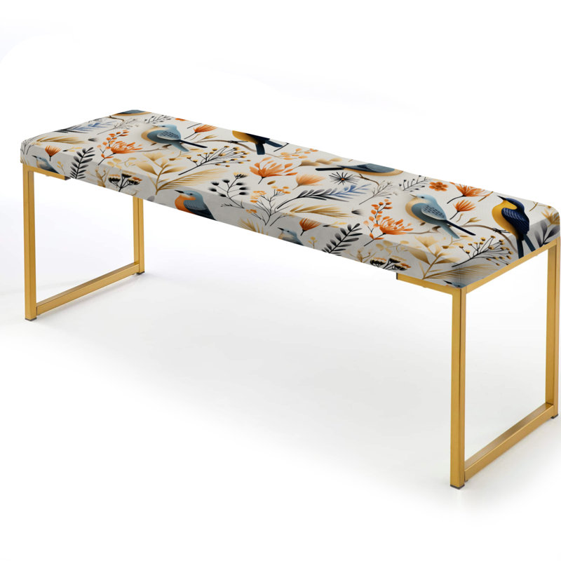 Scandinavian Floral Modern Birds - Floral Upholstered Gold Bench