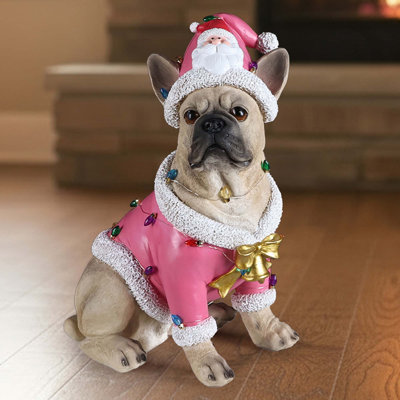 Festive French Bulldog Statue Christmas Home Decor Ornament(Battery Included)
