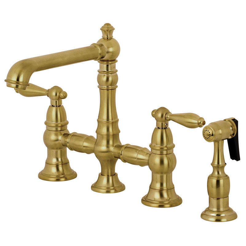 Kingston Brass English Country Two-Handle 4-Hole Deck Mount Bridge Kitchen Faucet with Brass Side Sprayer