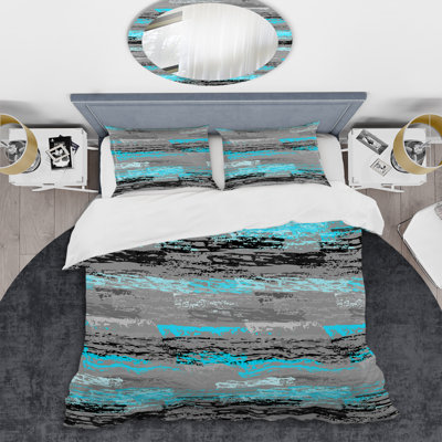 Turquoise Graffiti Striped - Abstract Duvet Cover Set - Microfiber Polyester