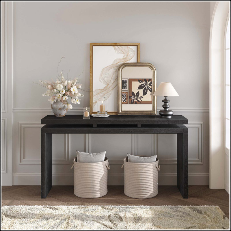 Console de style campagnard noir 60 po avec double suspension à panneau, bois massif et panneau de fibres à densité moyenne, entrée rustique ou canapé de salon