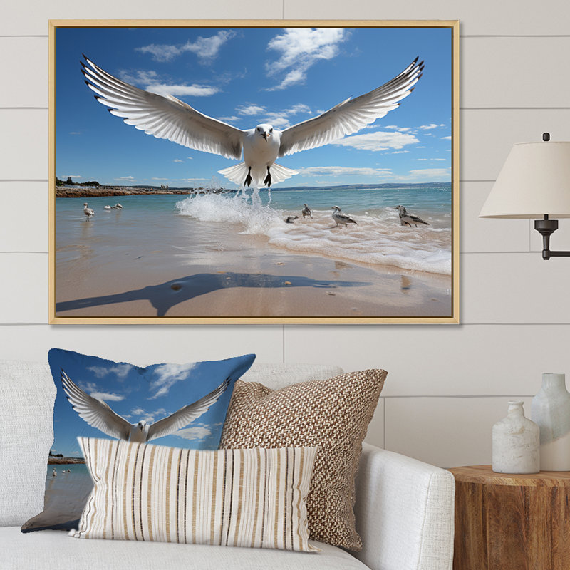 Mouettes bleues en vol à la plage - animaux, art mural dans le salon, H 12 po x l 20 po x P 1 po, Cadre naturel flottant