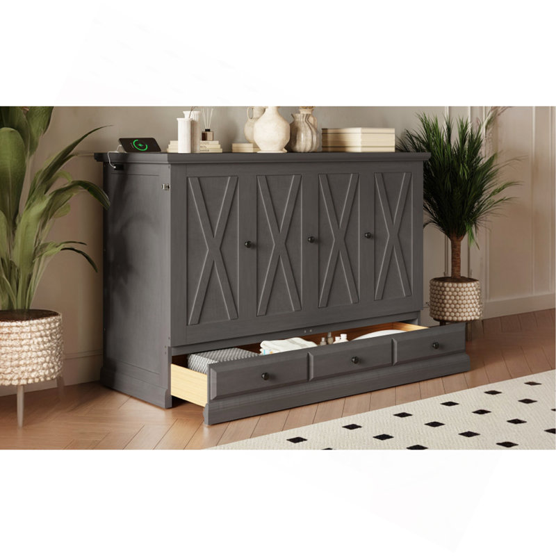 Coffre en pin massif massif avec commode avec station de charge et grand tiroir de rangement pour bureau personnel, Double
