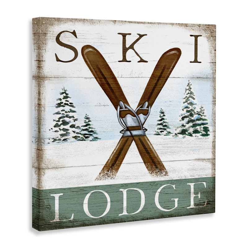 «Ski Lodge», panneau de chalet rustique enneigé, forêt, art numérique sur estampe numérique par Elizabeth Tyndall