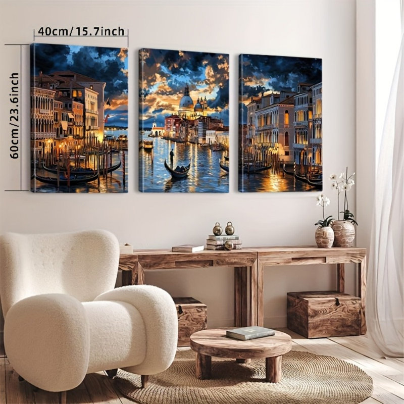 «Venice Canal Twilight», reproduction sur toile 3 pièces pour vacances Vibe Living Home Decor, 36 * 24 pouces 3 pièces
