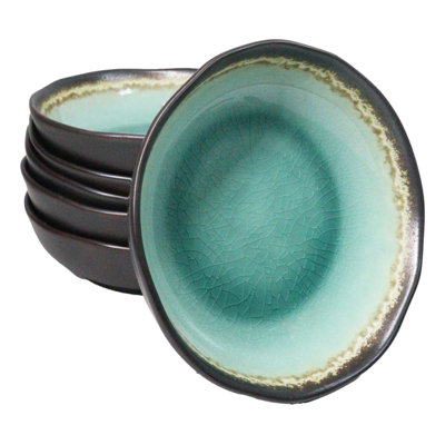 Pack Of 6 Crackle Green Midori Kannyu Round Flair Deep Plates Shallow Bowls 15oz