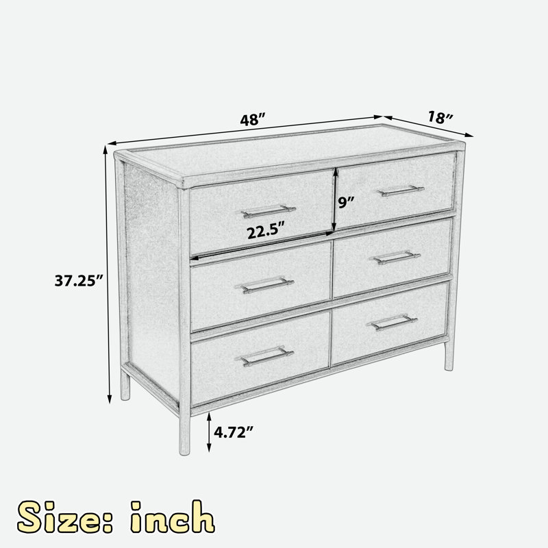 Commode avec 6 tiroirs et poignées dorées, Marron foncé