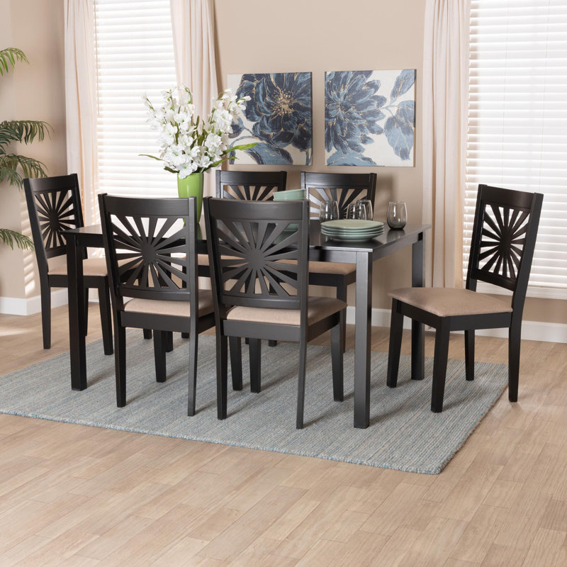6 - Person Four Leg Dining Set, Espresso Brown, Espresso Brown/Beige