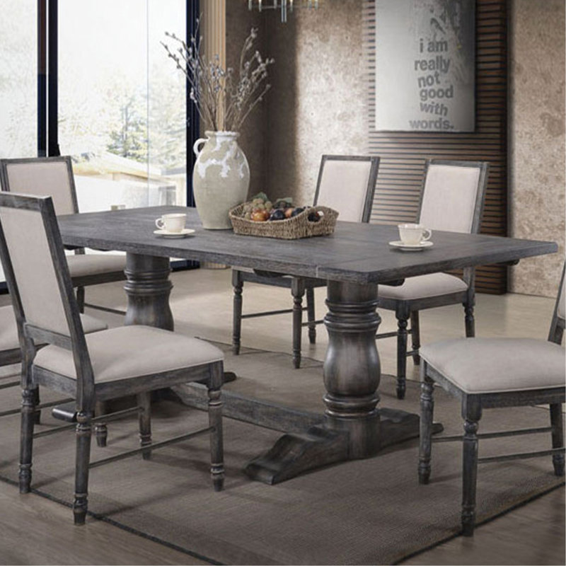 Table rectangulaire à tréteaux avec piédestal double tourné, gris vieilli