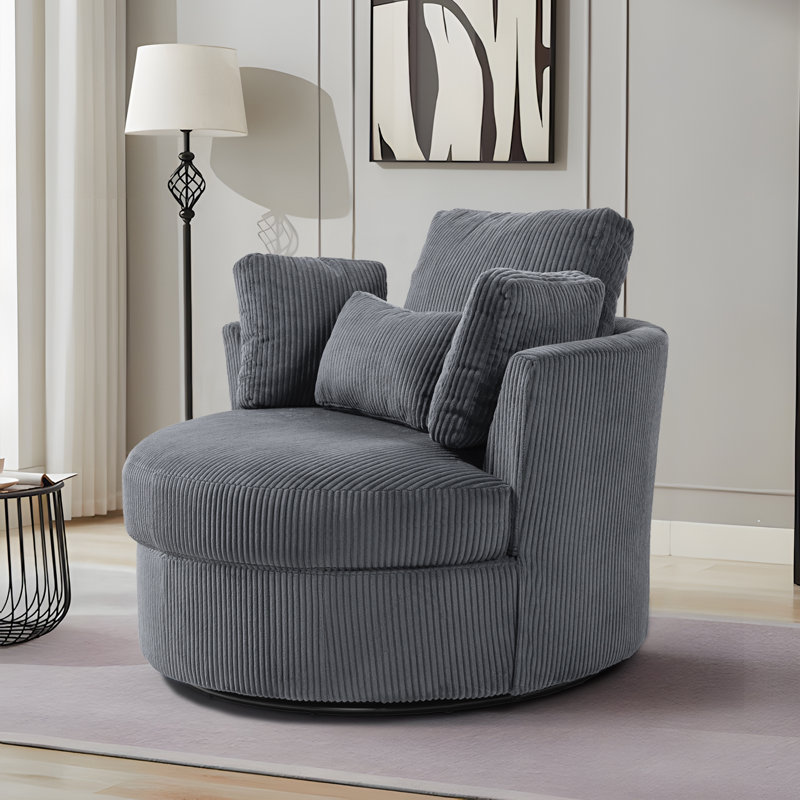 Niama Upholstered Swivel Lounge Armchair With Pillows, Gray Corduroy