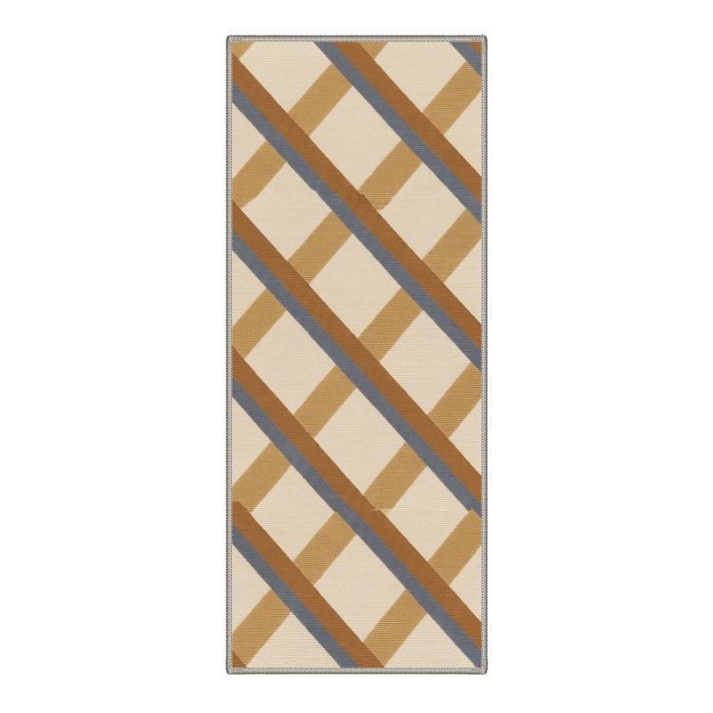 Arris Geometric Machine Washable Beige / Brown / Blue Indoor Area Rug with Non-Slip Backing, Runner 2'6" x 8'