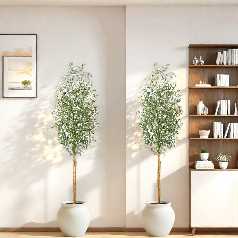 Faux oliviers, oliviers avec tronc de bois naturel et mousse verte