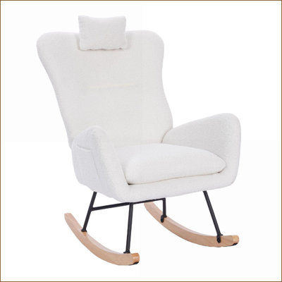 Rocking Chair for Nursery Living Room Bedroom | White Teddy Upholstered | Steel & Solid Wood Frame