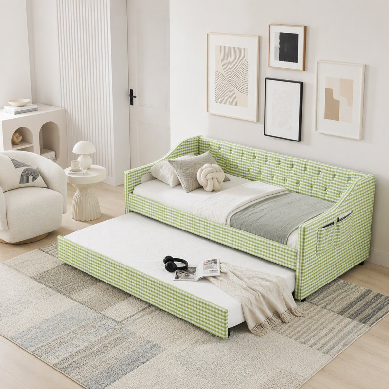 Lit de jour simple rembourré convertible 3-en-1 avec couchette et poches de rangement, Green