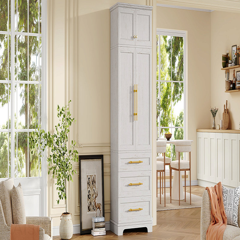 Garde-manger Farmhouse avec 8 tablettes de porte et 3 tiroirs pour la salle à manger - blanc rétro