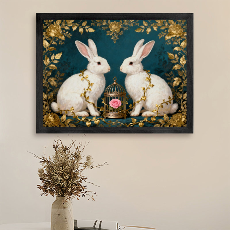 Art encadré noir Deux lapins mignons entourés de feuilles dorées, reproductions d'art encadrées de style rétro