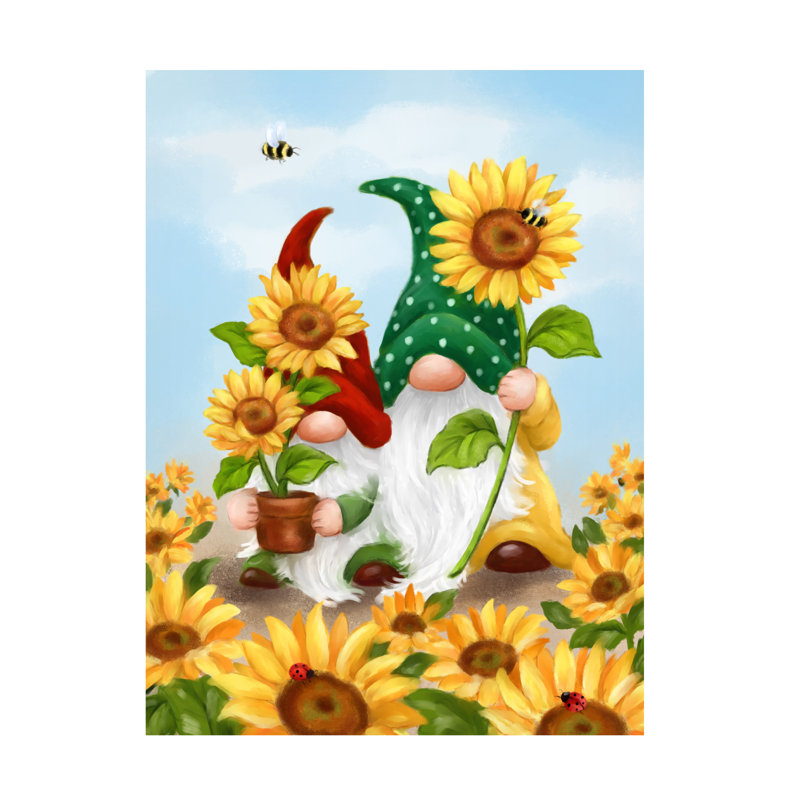 Art sur toile Jean gnomes avec deux tournesols, H 18 po x l 24 po
