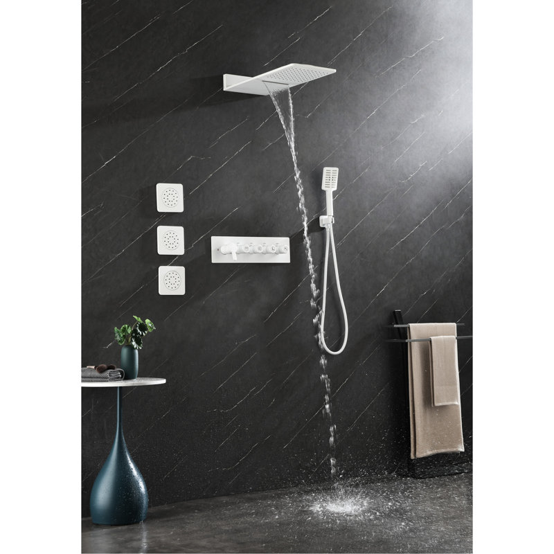 Douche murale en laiton blanc - 3 jets pour le corps et douche à main avec expérience de pluie naturelle