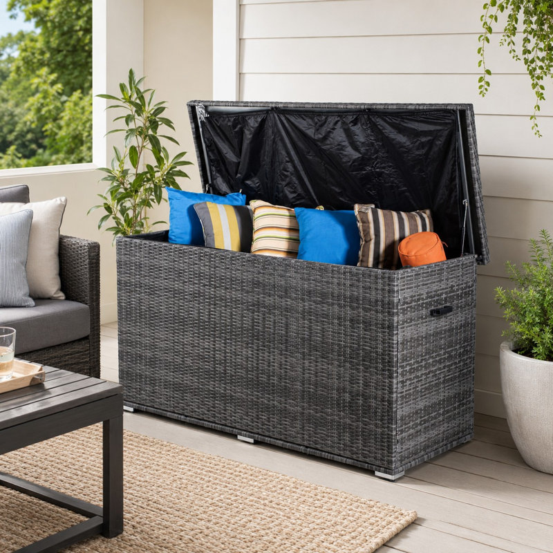 259 Gallon Outdoor Rattan Storage Box, Outdoor Large Deck Storage Box , Gray