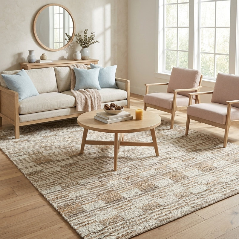 Beige/Ivory Contemporary Checkered Flatweave Wool Blend Indoor Area Rug, Rectangle 7'9" x 9'9"