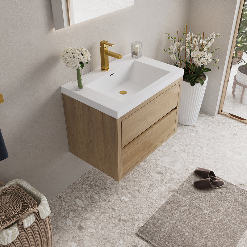 Meuble-lavabo mural 30 po avec lavabo, meuble de rangement flottant avec comptoir en résine de pierre et tiroirs à fermeture en douceur, chêne naturel 24V15-30NOX2