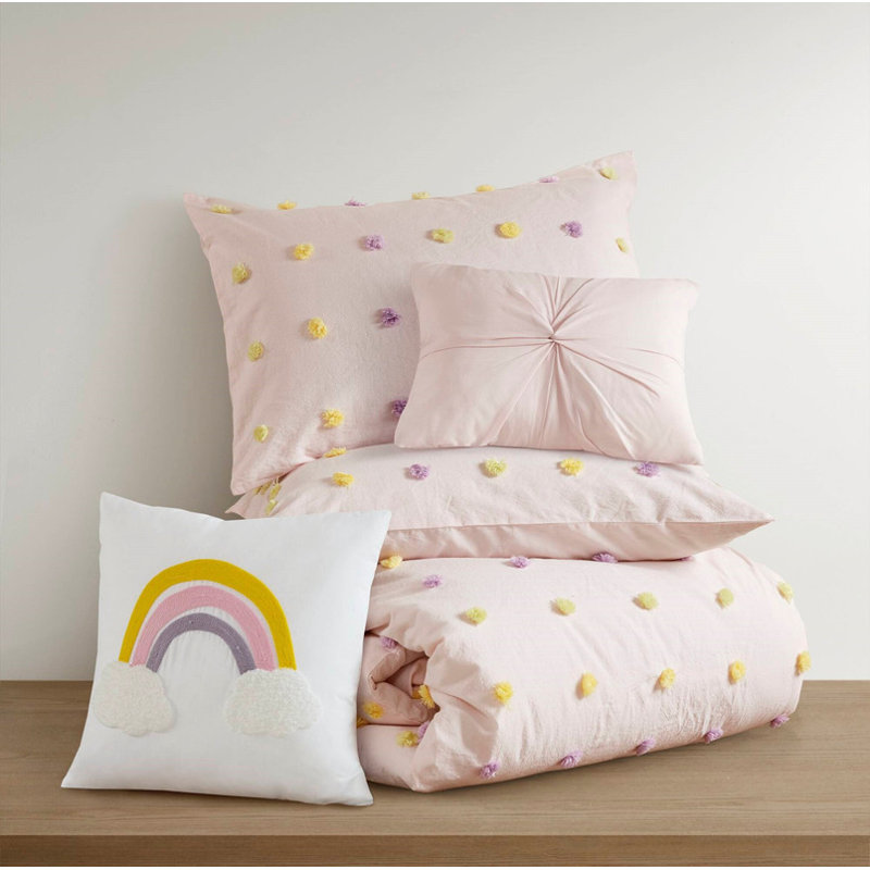 5PCS Cotton Jacquard Pom Pom Comforter Set, Queen