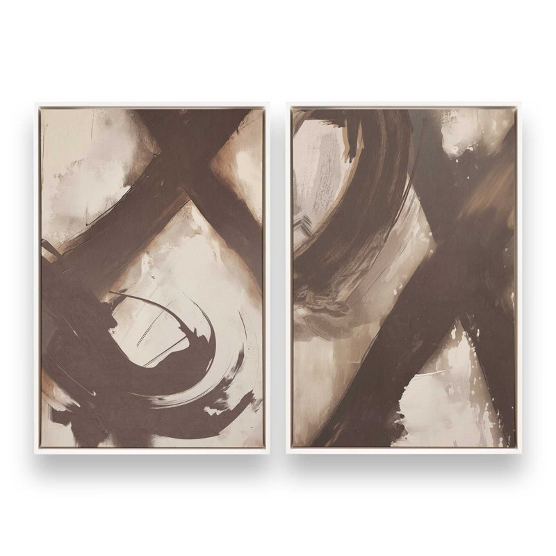 Ensemble de 2 impressions abstraites sur toile de Sienne, H 18,75 po x l 25,5 po x P 1,75 po, Cadre flottant noir satiné