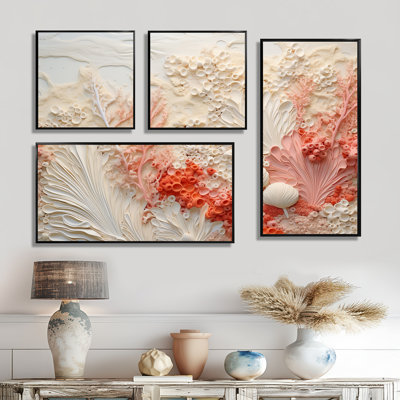«Pink and White Coastal Coral Collage V» - art mural côtier 4 pièces