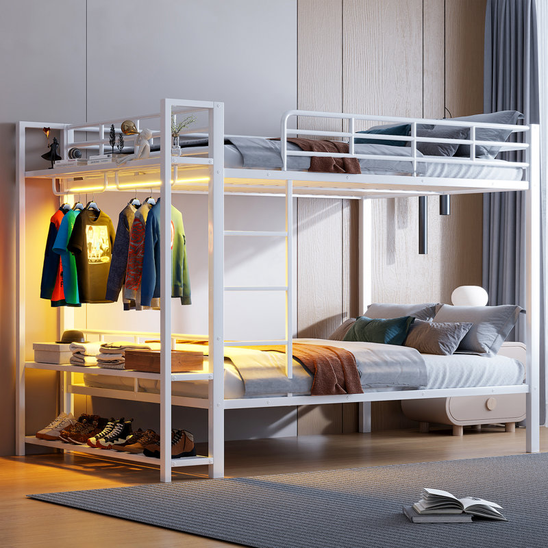 Bunk Bed With Clothes Tree And LED Lights, White, Full Over Full
