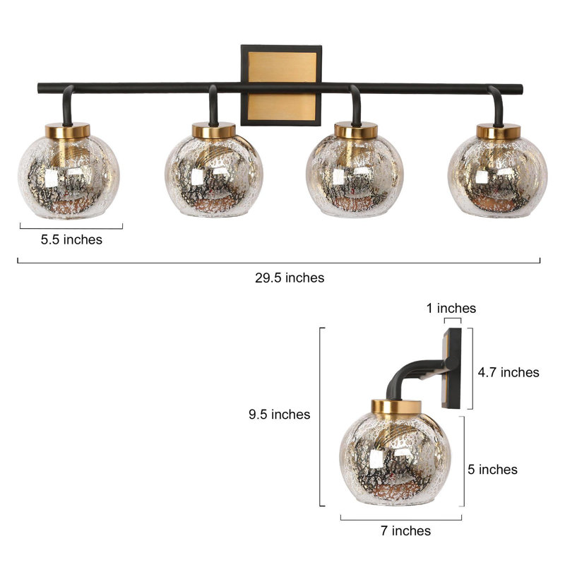 4-Light Dimmable Modern Black/Brass Vanity Light with Mercury Glass Shade