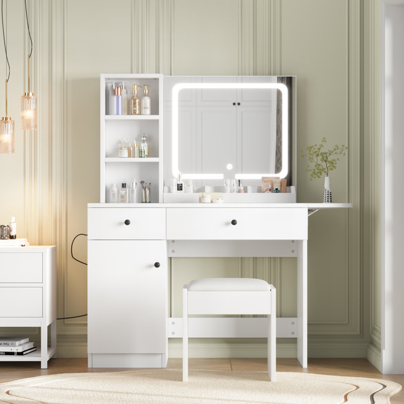 Ensemble de coiffeuse blanche avec miroir à DEL réglable et ensemble de tables de maquillage avec tiroirs et tablettes pour armoire électrique