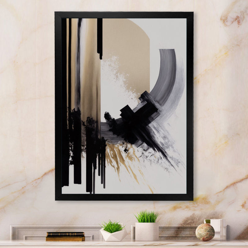 Black, White And Gold Expression IV - Modern Canvas Wall Art, 20" H x 12" W, Picture Framed Canvas, Black
