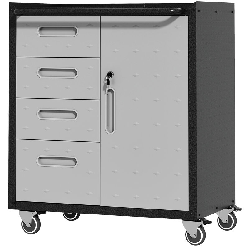 Metal Storage Cabinet With Wheels - Garage, Office, Home. Raised Top, 4 Drawers, Lockable Area. Strong And . Black/Gray Tool 29.47"W X 16.65"D 33.71"H. Caster Wheels, Storage.