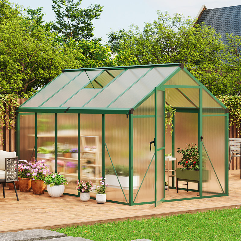 Greenhouse for Outdoor with Door, Green House with Polycarbonate Panel & Adjustable Roof Vent & Ground Nails, Green