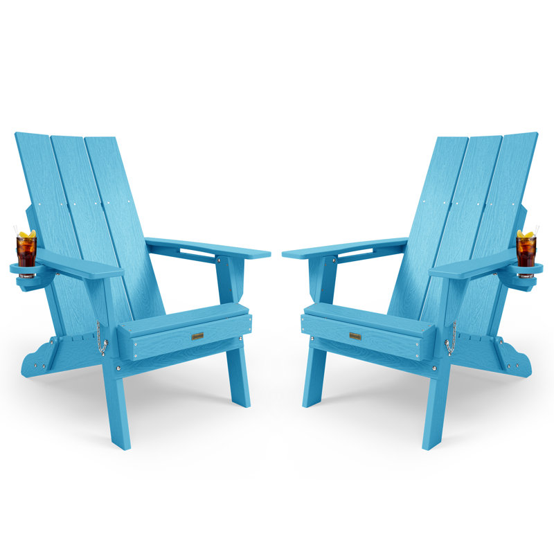 Chaises Adirondack pliantes en plastique HDPE avec porte-gobelet (deux ensembles), Bleu