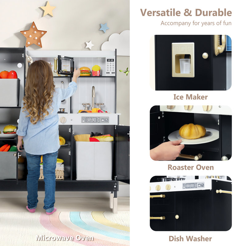 Pretend Play Kitchen Wooden Toy Set for Kids w/Lights & Sounds, Utensils, Oven, Microwave, Gift for Boys Girls Age 3+, Black