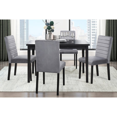 5pc Dining : Black Wooden Table, 4 Gray Velvet Chairs For Enjoyable Brunch Time Table & Side Chairs, Relaxing Eating Area