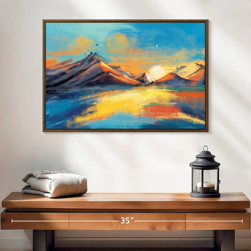 Coucher de soleil, paysage de Quenby, 25 po x 17 po, Cadre flottant en noyer