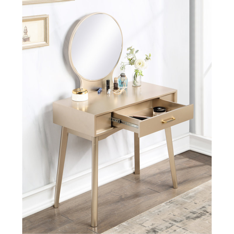 Coiffeuse dorée - Élégante coiffeuse en bois avec tabouret, miroir et tiroir pour entrée ou salon - Design raffiné