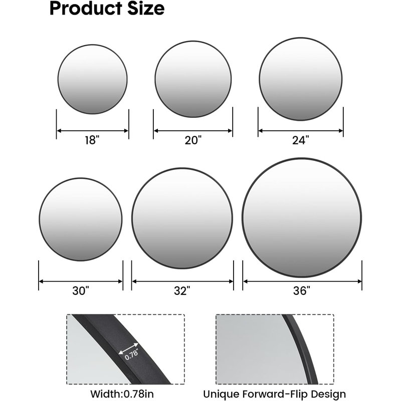 Bhagwanaram Aluminum Framed Round Wall Mirror, Black, 33.46" x 33.46"