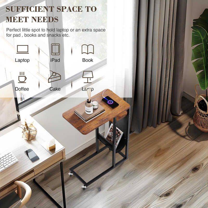 C-Shaped End Table With Power Strip, Extra Storage & Rewind Cord, Modern Rustic Brown, Compact For Small Spaces, Engineered Wood & Alloy Steel Frame, Multi-Functional
