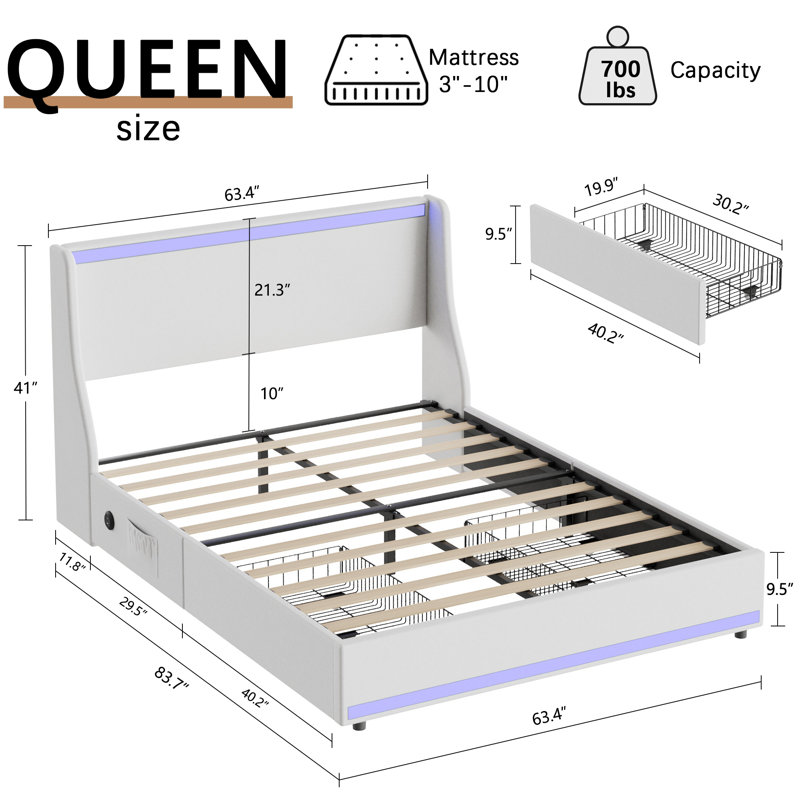 Queen Size Storage Platform Bed with Charging Station and Smart Control RGB LED Lights, White Upholstered Bed Frame with Storage Drawers, USB & Type-C Charging Ports, Soft Linen Padded Headboard, 2 Under-Bed Storage Drawers, No Box Spring Needed