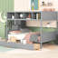 Lit superposé simple au-dessus d'un lit double gris avec tablettes, escalier de rangement, 2 tiroirs - facile à ranger et couvertures de feuilles de livres
