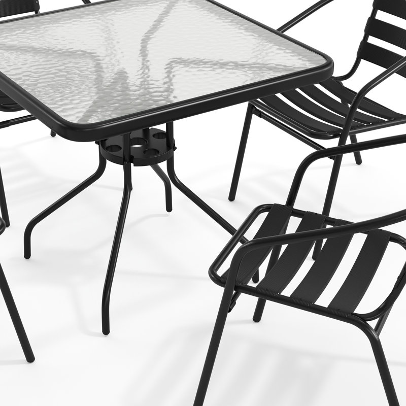 Amlie 31.5" Square Glass Dining Table with 4 Aluminum Chairs, Black