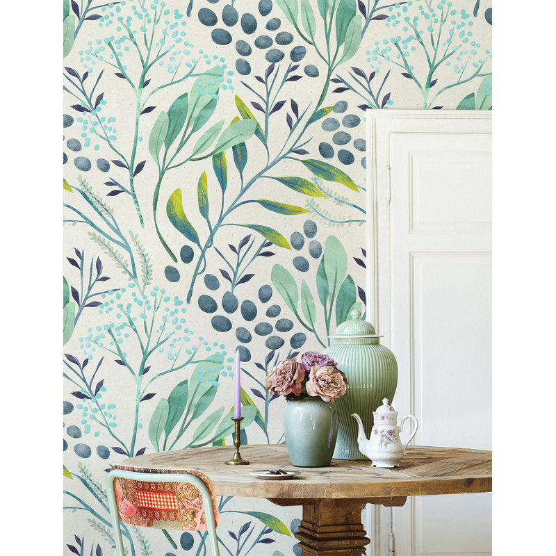 Papier peint amovible floral avec branches et feuilles vertes, L 9 po x l 15 po