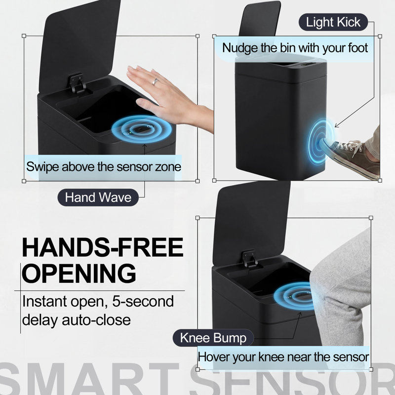 2.6 Gallon Plastic Motion Sensor Trash Can Set of 2, Black